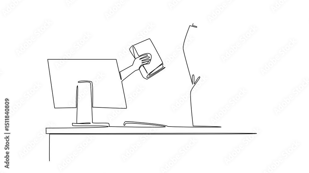 Poster animation of single one line drawing hands out of monitor while holding thick book. the book orders 