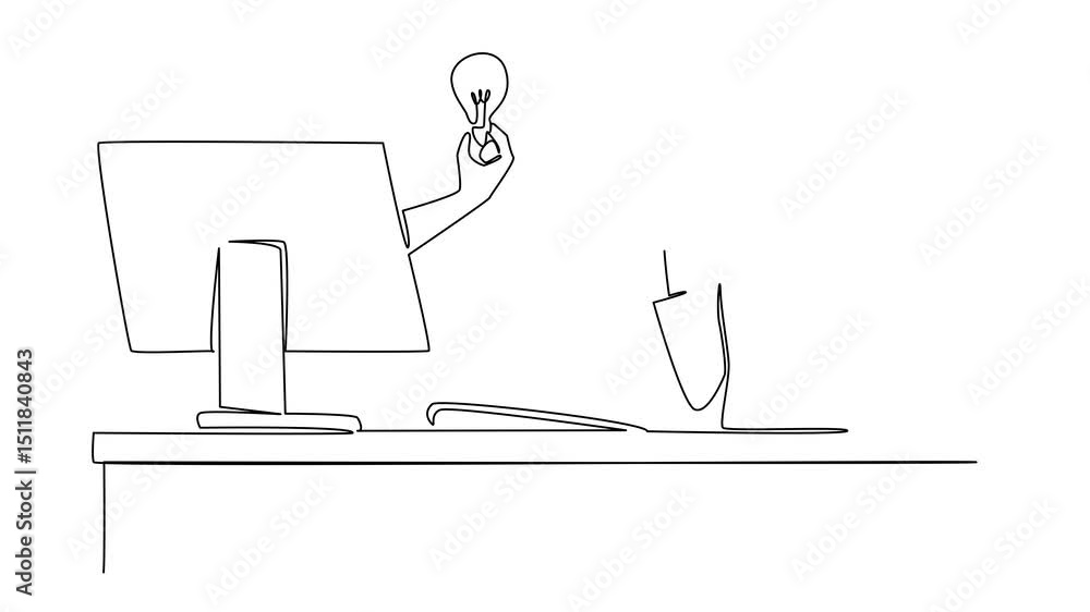 Poster self drawing animation of single continuous line drawing hands out of the monitor screen while holdi