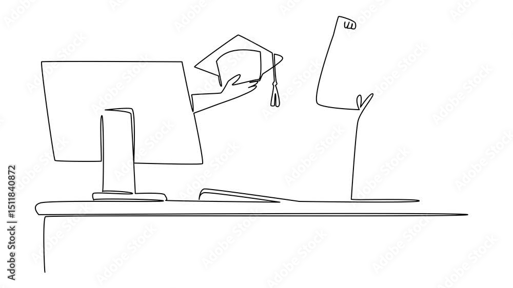Poster animated self drawing of continuous one line drawing hands out of the monitor screen while holding a