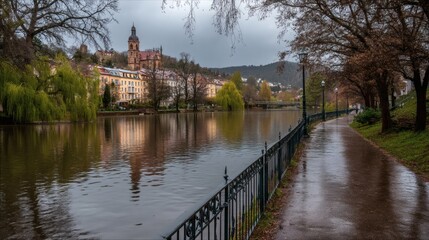 Scenic Riverside View with Historical Architecture and Reflections