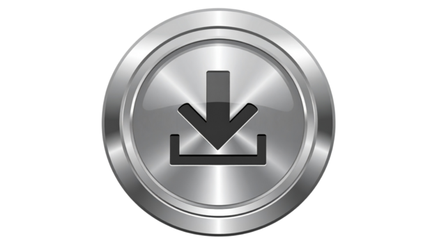 download icon on metal internet button isolated on solid white background Png format 