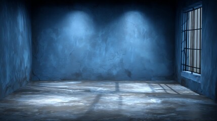 Empty room with blue textured walls and a large window casting shadows on the floor