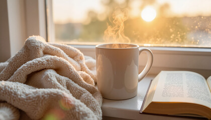 Cozy morning scene with steaming coffee cup and open book by window  