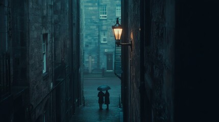 Romantic Couple Embracing Under Umbrella in Rainy Alley Scene