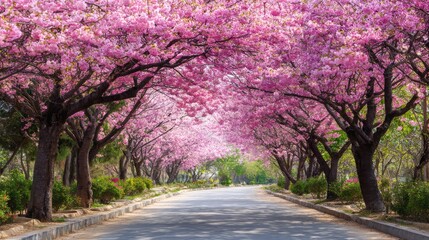 Obraz premium Beautiful Pink Cherry Blossom Tree Tunnel Over the Road