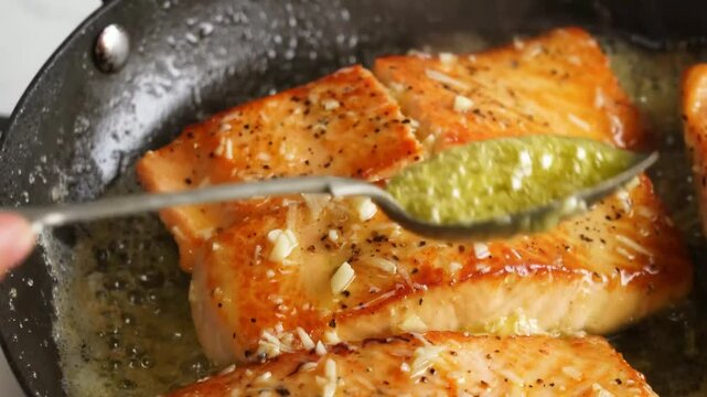 Garlic butter salmon seared to perfection, rich in flavor with herbs and lemon &mdash; a gourmet seafood dish ideal for fine dining visuals, culinary shoots, luxury meals, and restaurant foods.