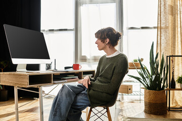 Focused young student at his home desk engaged in learning and creativity in a bright environment