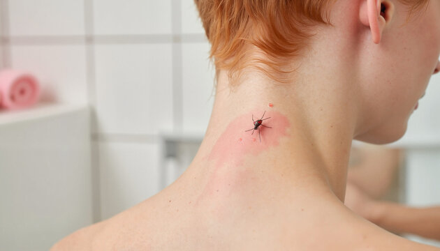 Woman examining insect bite on her neck in bathroom mirror  