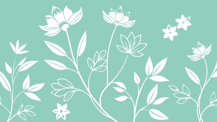 Fototapeta premium Elegant floral illustration featuring white flowers and leaves on a soft green screen background