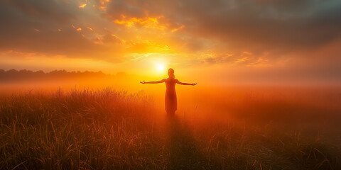Silhouette of a woman embracing the sunrise in a field