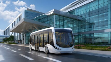 Futuristic electric bus arriving at a modern airport terminal with sleek architecture and clear skies