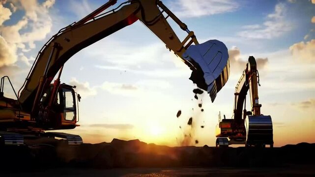 Excavators are actively digging and moving soil at a construction site during sunset, creating a powerful silhouette scene that highlights industrial activity, strength, and heavy-duty operations.