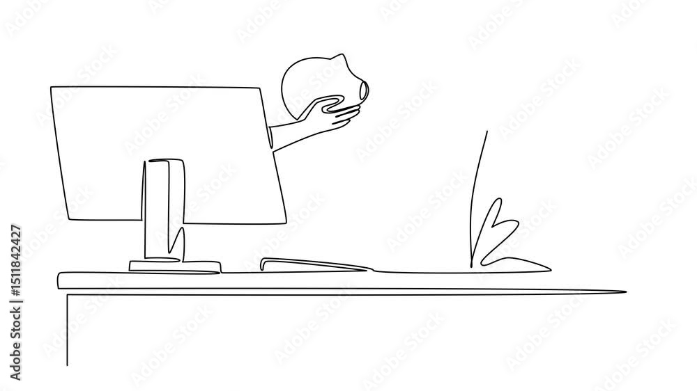 Poster self drawing animation of single continuous line drawing hands out of the monitor screen while holdi