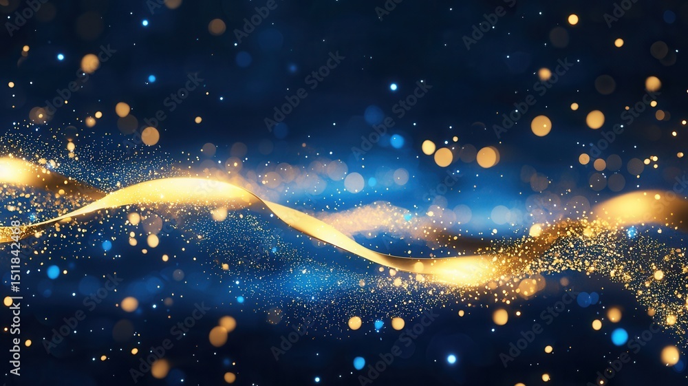 Poster abstract background with glowing golden particles flowing over a blue wavy surface, creating a luxur