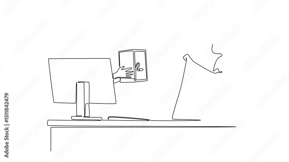 Poster animation of single continuous line drawing hands out of the monitor screen while holding a safe dep