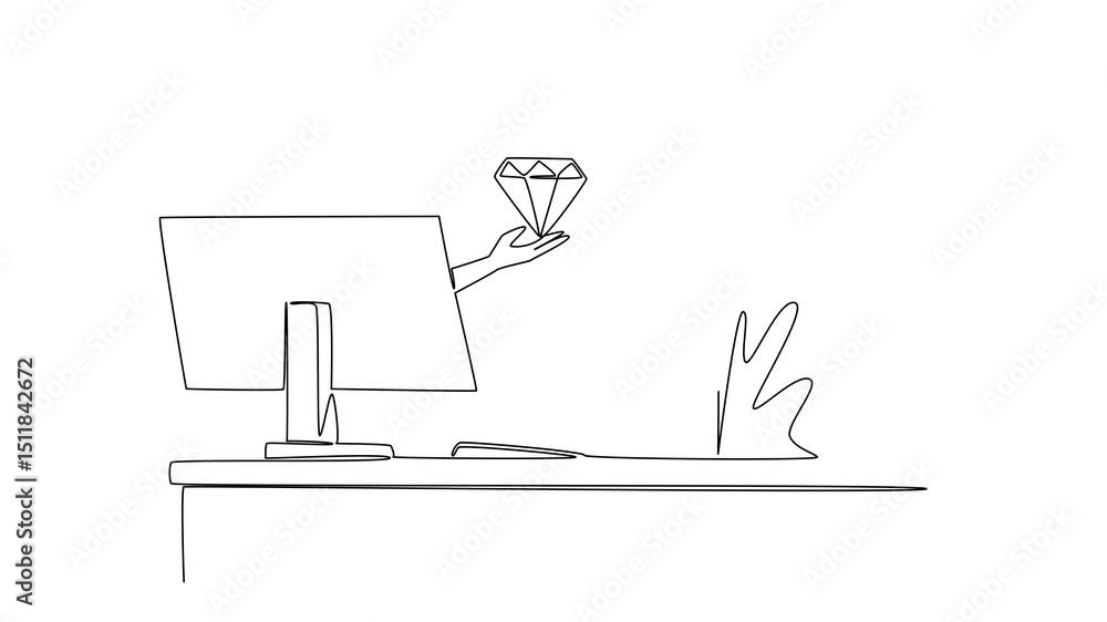 Poster self drawing animation of single continuous line drawing hands out of the monitor screen while holdi