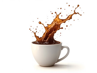 Coffee splash captured mid-air in white cup on saucer, perfect for breakfast or energy visuals. Generative AI