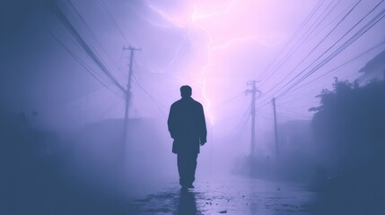Mysterious Silhouette in Stormy Weather with Lightning in Background