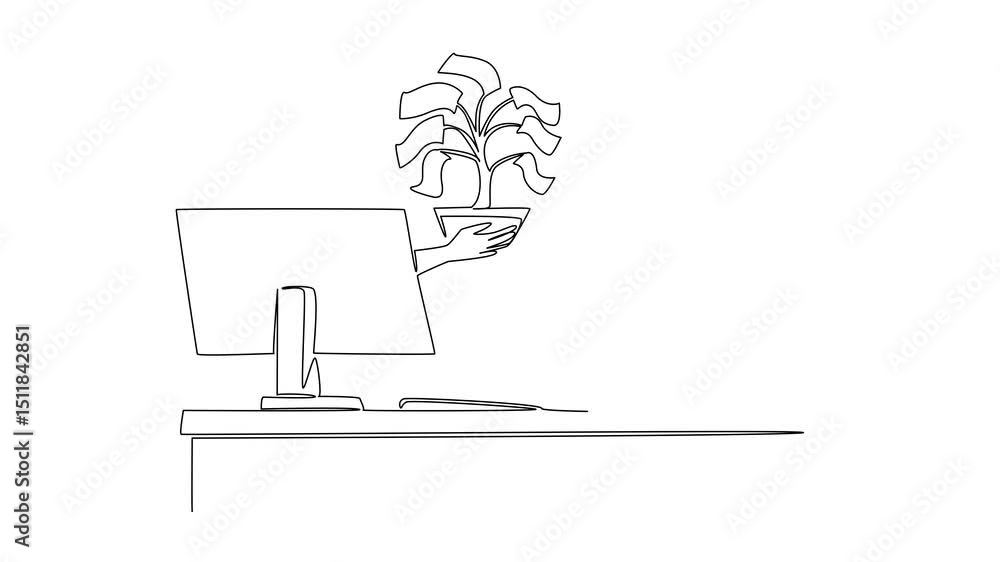 Poster animation of single line drawing hands out of the monitor screen while holding money tree with leave