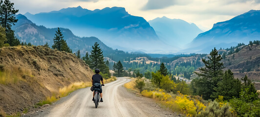 Obraz premium Biker riding along scenic mountain road with beautiful landscapes