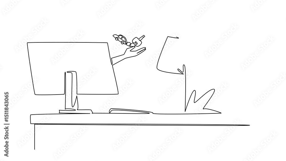 Poster self drawing animation of continuous line drawing hands out of the monitor screen while holding a ca