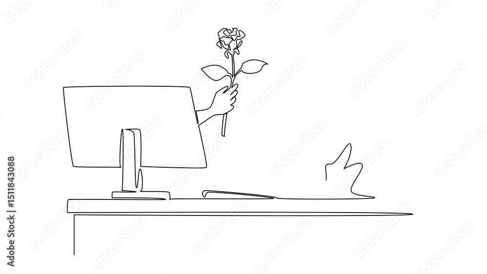 Poster animation of single one line drawing hands out of the monitor screen while holding a rose flower. sy