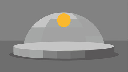 Futuristic stage design with geometric elements featuring an orange circle screen background