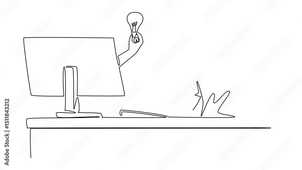 Poster self drawing animation of single one line drawing hands out of monitor screen while holds bulb lamp.