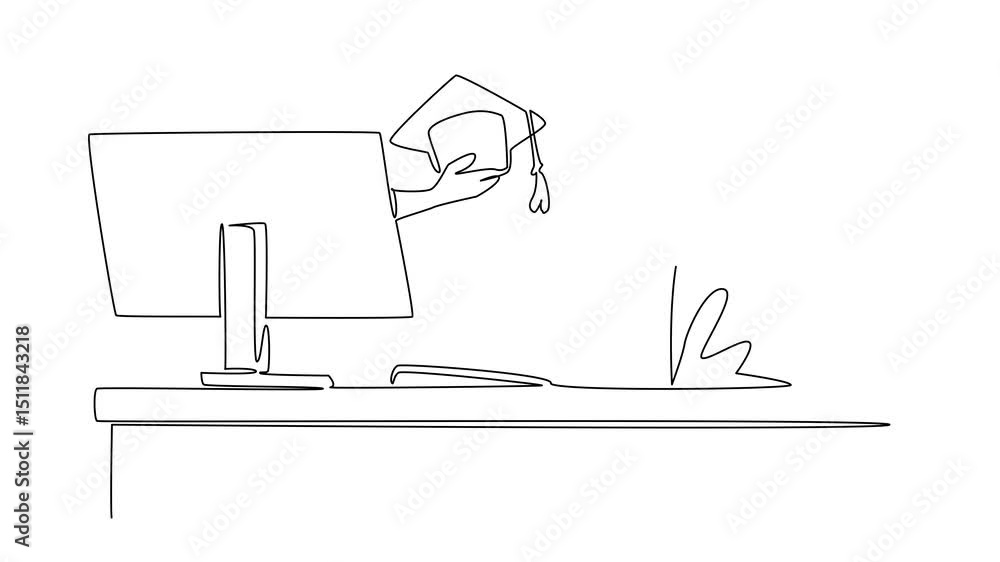 Poster animated self drawing of continuous line drawing hands out of monitor screen while holding a graduat