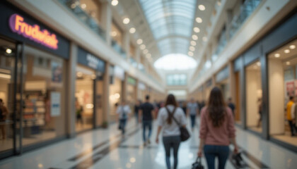 People Walking in Shopping Mall with Many Shops and Bright Lights
