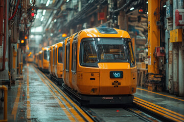 Yellow train on warehouse tracks.