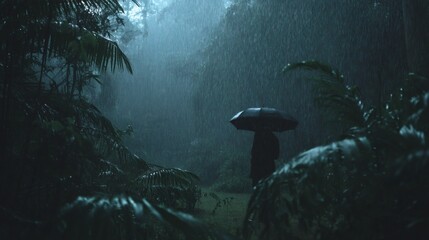 Fototapeta premium Dark Rainy Night in Lush Forest with Silhouette under Umbrella