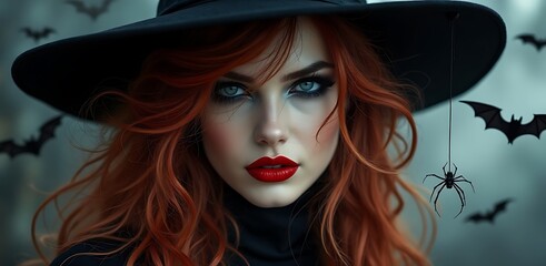 Obraz premium Enchanting redhead witch halloween costume bats spider
