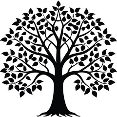 Obraz premium Elegant Tree Silhouettes with Dense Foliage – Black Vector Illustrations of Natural Growth, Forest Elements, and Decorative Nature Designs. A beautiful tree silhouette with leaves vector design.
