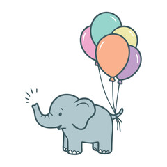 Cute cartoon elephant holding a bunch of colorful balloons tied to its tail on a white background