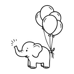 Cartoon elephant carrying a bunch of balloons tied to its tail in black and white outline drawing style