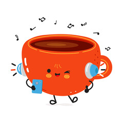 Animated Coffee Cup with headphones and smartphone enjoying the music on a white background.