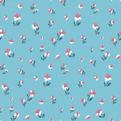 Seamless floral pattern, liberty ditsy print of small daisy flowers on blue field. Cute botanical surface design of tiny flowers, simple mini plants. Textile fashion print. Vector illustration. © Yulya i Kot