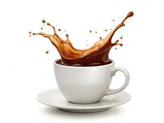 Coffee splash captured mid-air in white cup on saucer, perfect for breakfast or energy visuals. Generative AI