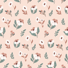 Seamless floral pattern, liberty ditsy print, nature ornament in delicate folk motif. Neutral botanical design of large hand drawn flowers, small leaves on beige background. Vector illustration.