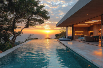 Fototapeta premium Sunset reflections on a serene pool.
