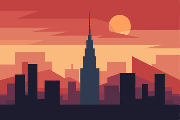 Obraz premium Abstract cityscape silhouette with warm sunset colors for a screen background wallpaper