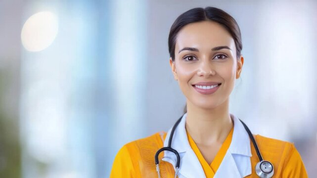 Smiling Healthcare Professional: A compassionate and capable healthcare professional radiates warmth and expertise. With a stethoscope draped around their neck and a reassuring smile.