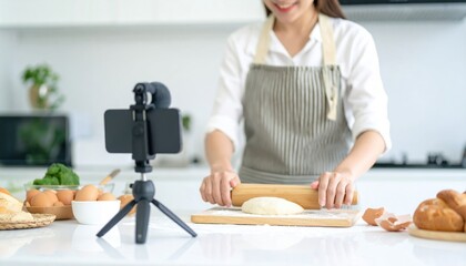 Baking activity in a bright kitchen featuring a woman filming her process with a smartphone on a tripod while preparing dough