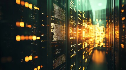  Data processing action in a modern server room tech environment digital infrastructure futuristic viewpoint
