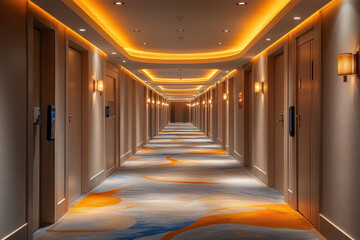Hotel hallway with elegant lighting, at the end a door stands ajar, hinting at mystery and anticipation.