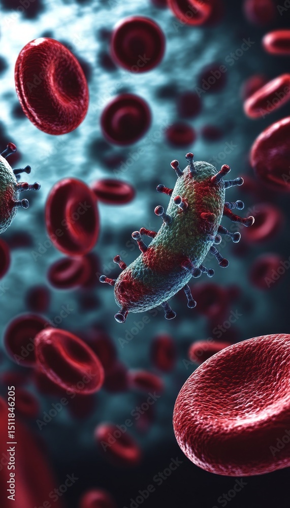 Poster bacteria interacting with red blood cells in a dynamic cellular environment, 3d render