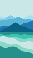 Abstract illustration of layered mountains and water featuring shades of blue and green for screen background wallpaper.