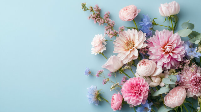 Beautiful flowers with a blue background and copy space.