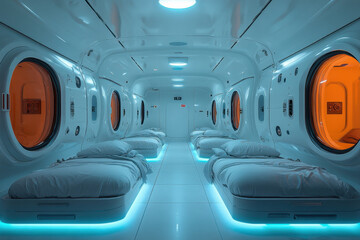 Obraz premium beds in a spaceship with a large window.